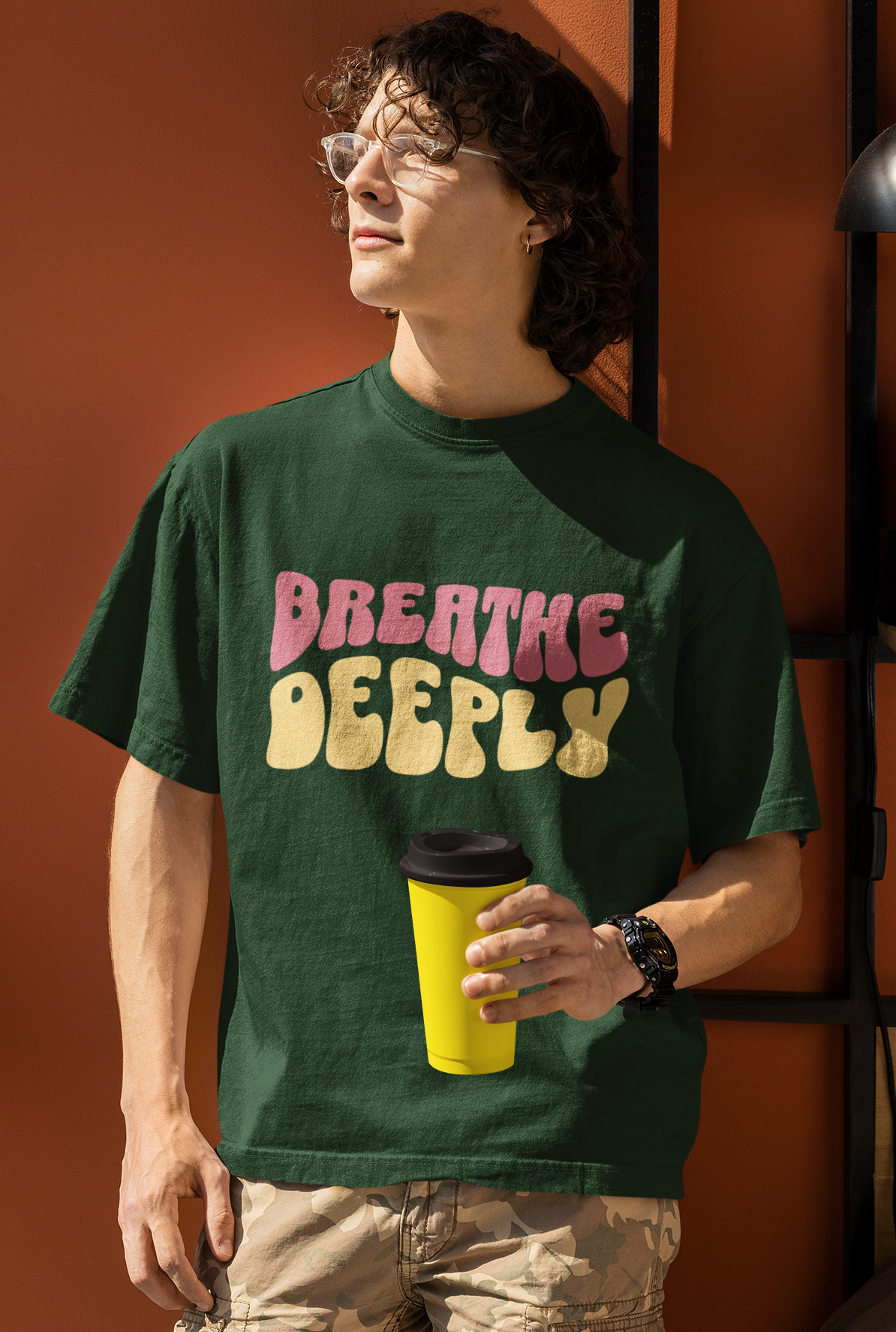 Breathe Deeply Men's Oversized Printed T-Shirt Moss Green High & Humble