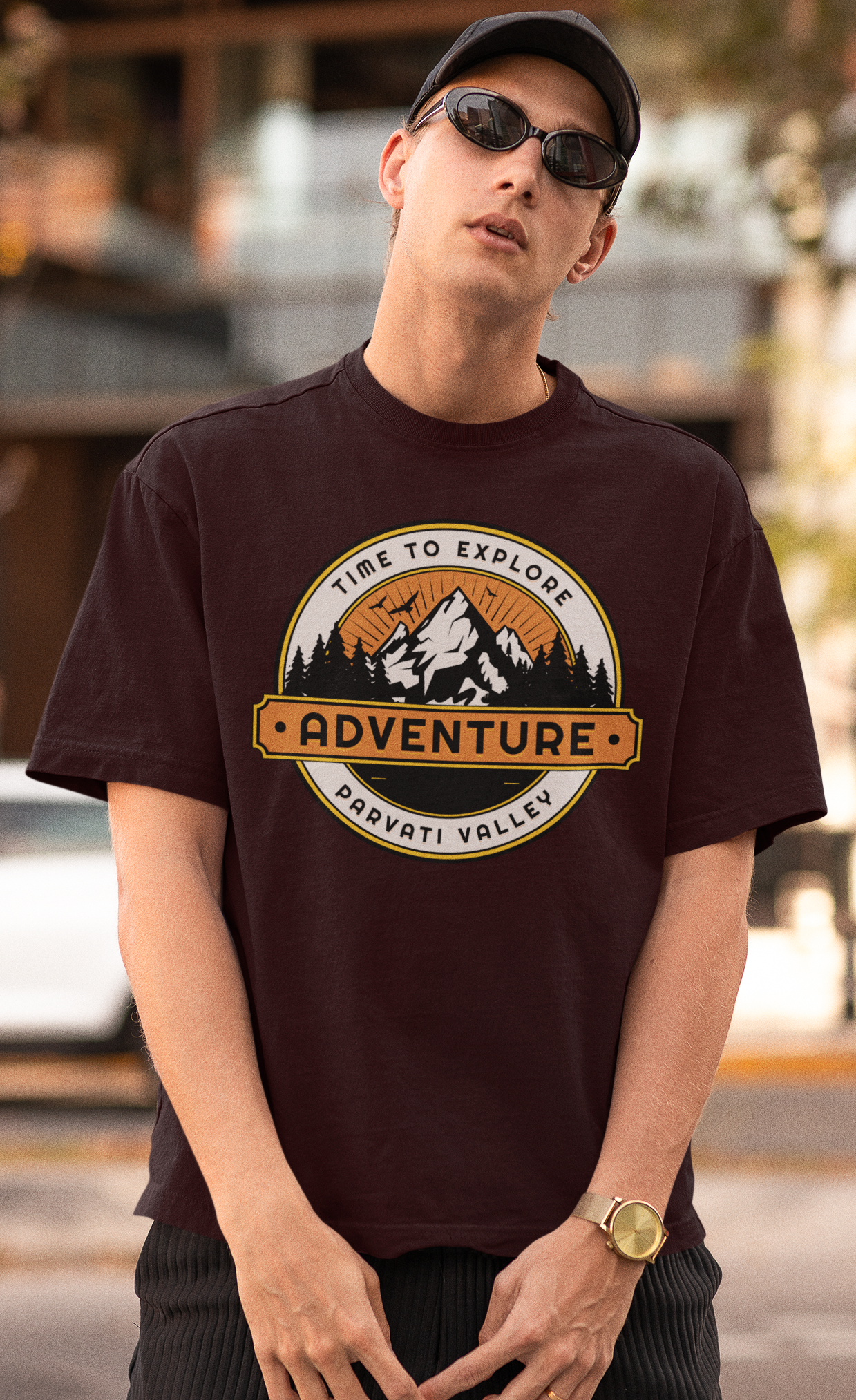 Time to Explore Men's Oversized Printed T-Shirt Lannister Maroon High & Humble