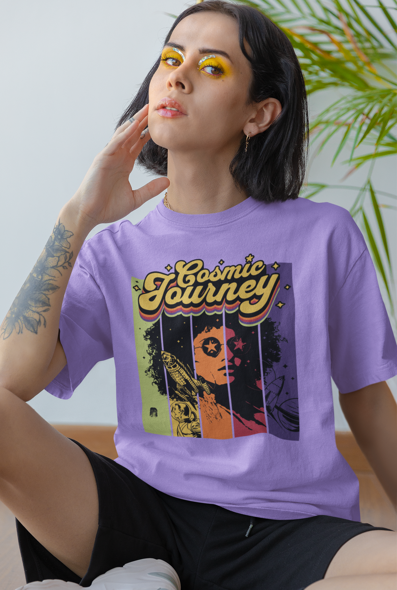 Cosmic Journey Women's Oversized Printed T-Shirt Lilac Whisper High & Humble