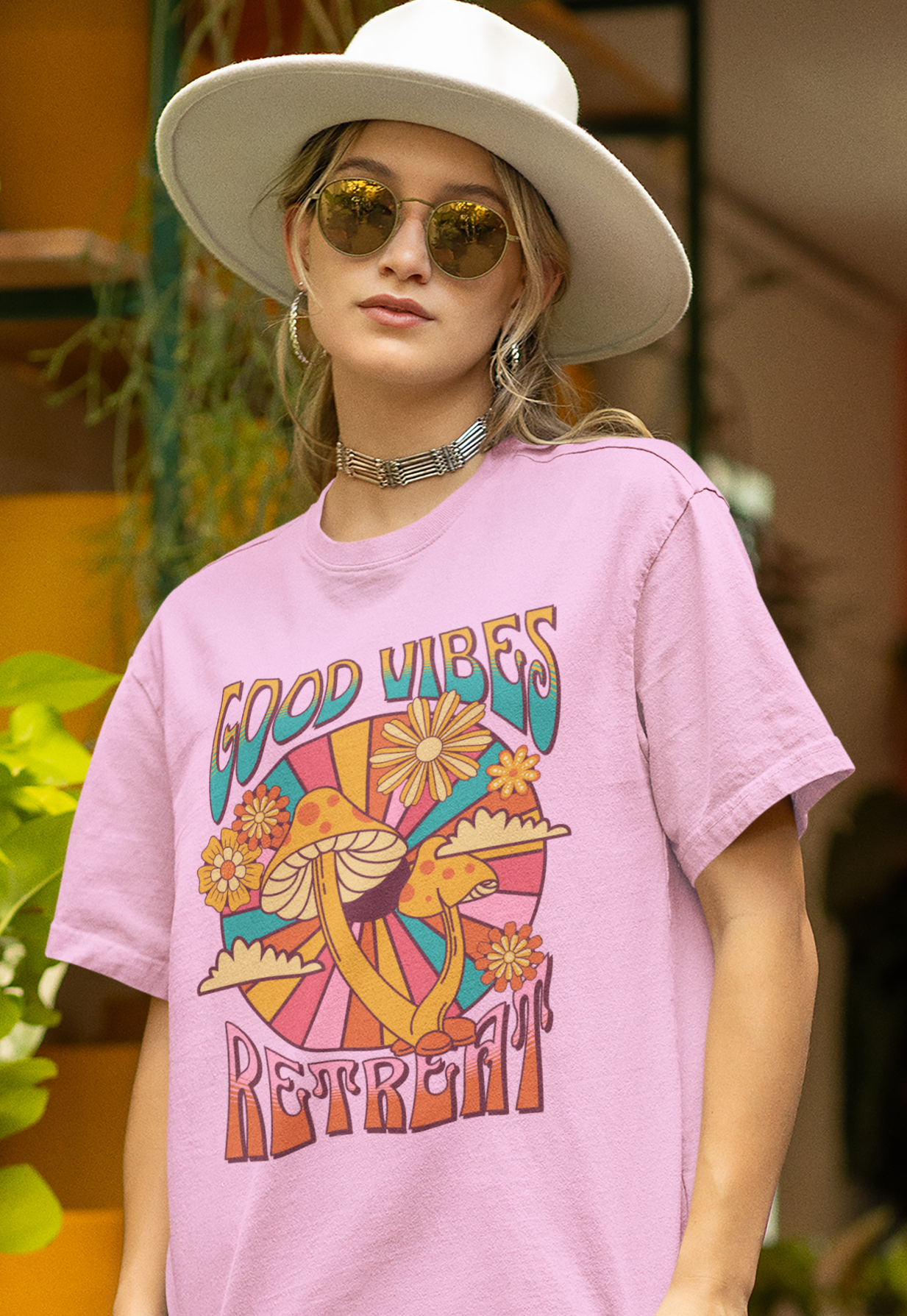 Good Vibes Retreat Women's Oversized Printed T-Shirt Blossom Blush High & Humble