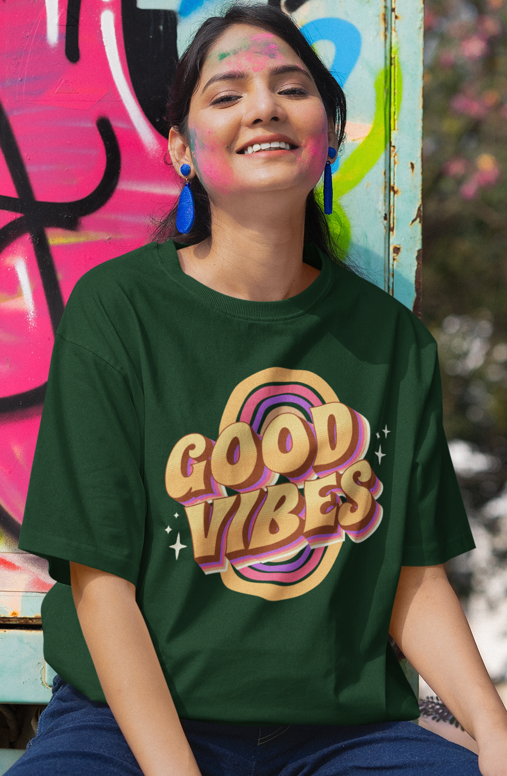 Good Vibes Women's Oversized Printed T-Shirt Moss Green High & Humble