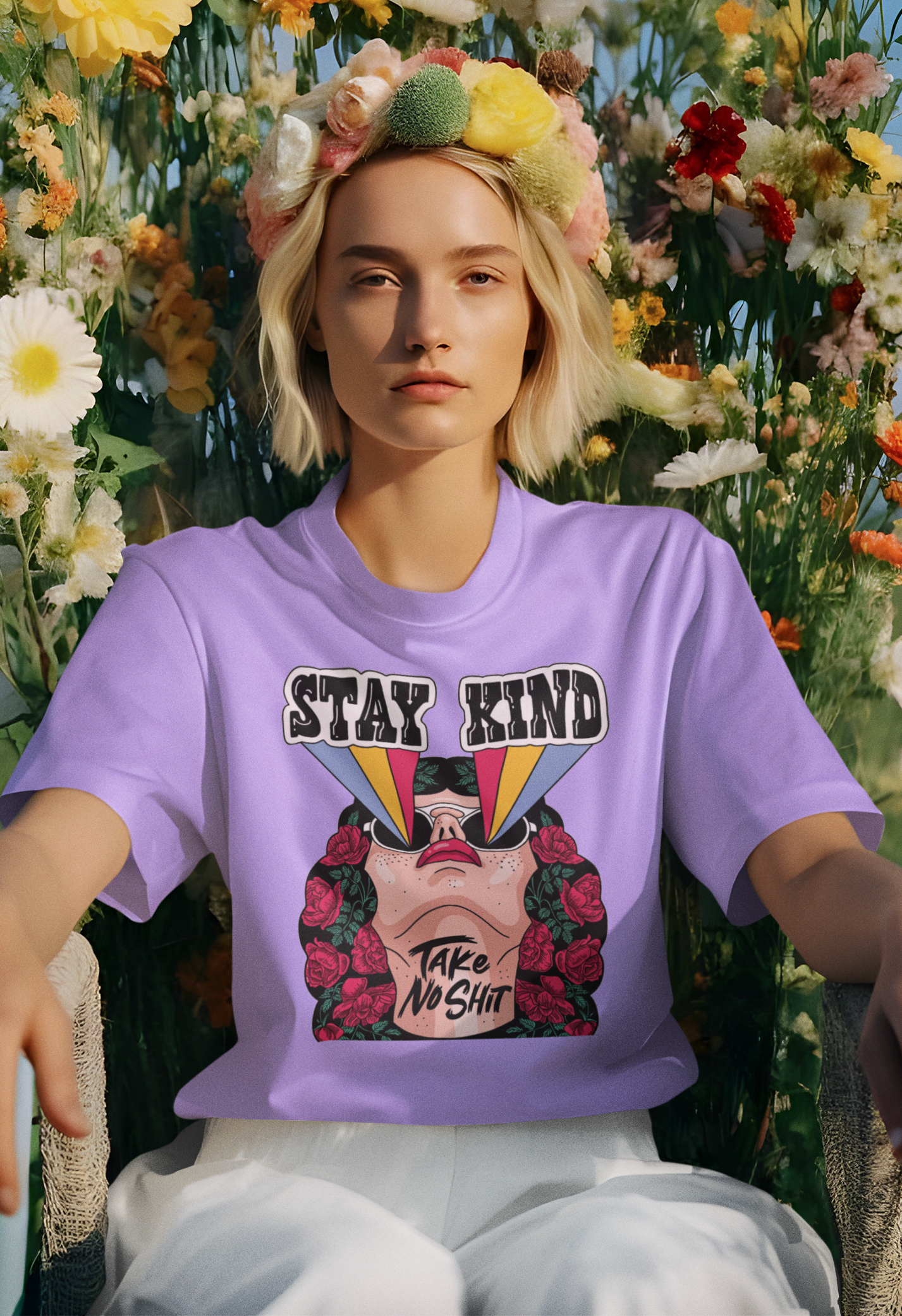 Stay Kind Women's Oversized Printed T-Shirt Lilac Whisper High & Humble