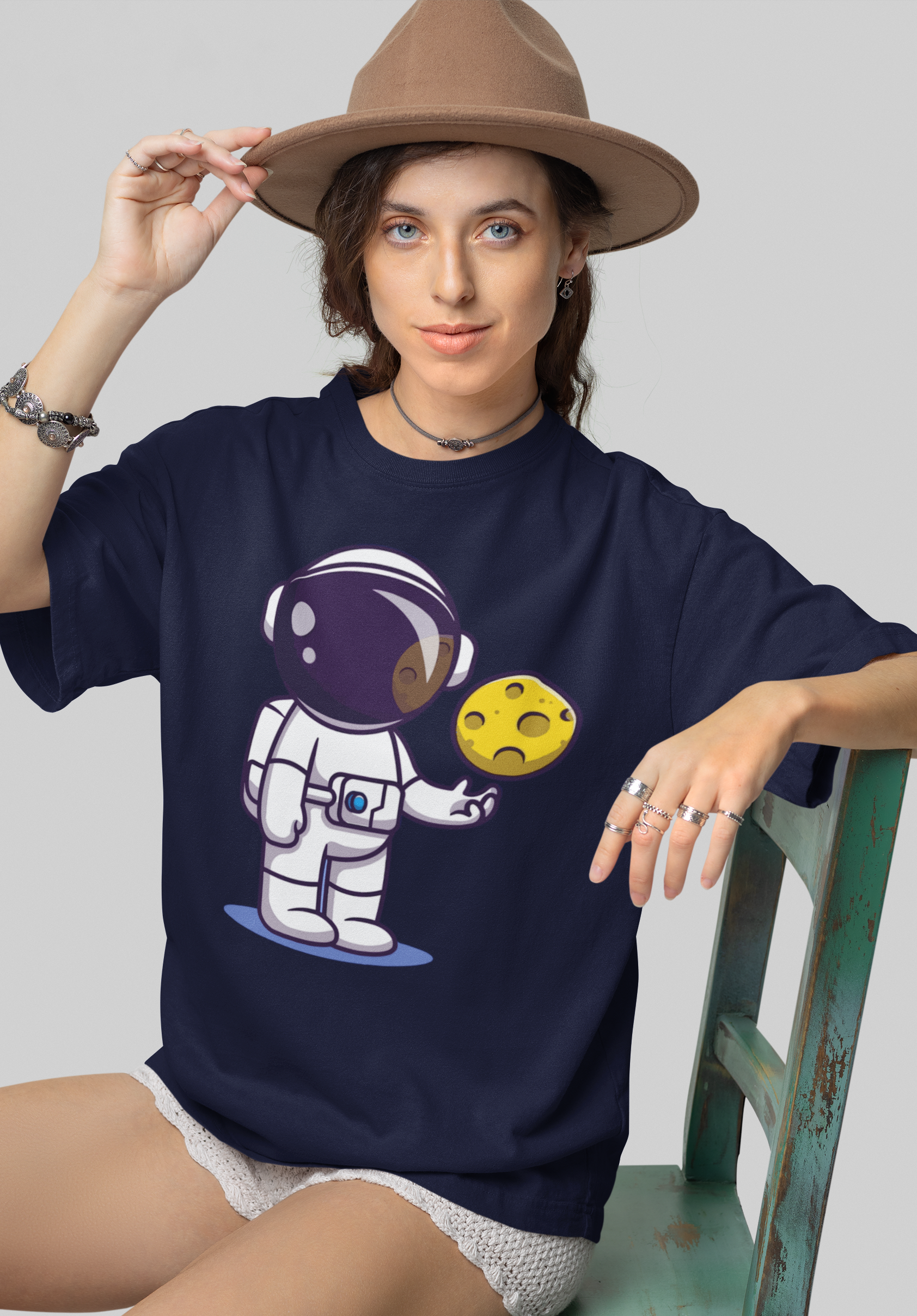 Moon Ball Women's Oversized Printed T-Shirt Midnight Blue High & Humble