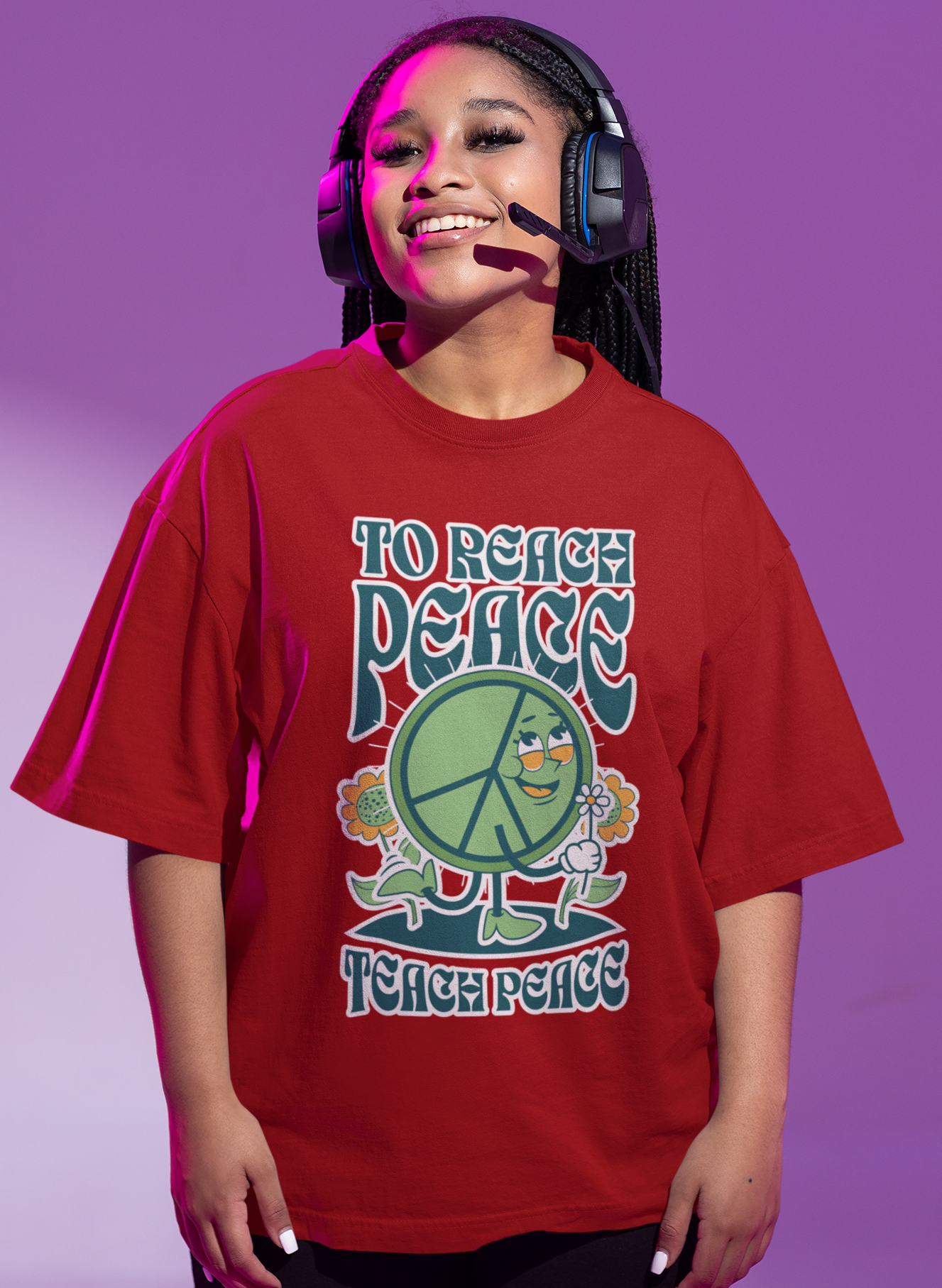 Teach Peace Women's Oversized Printed T-Shirt Spidy Red High & Humble