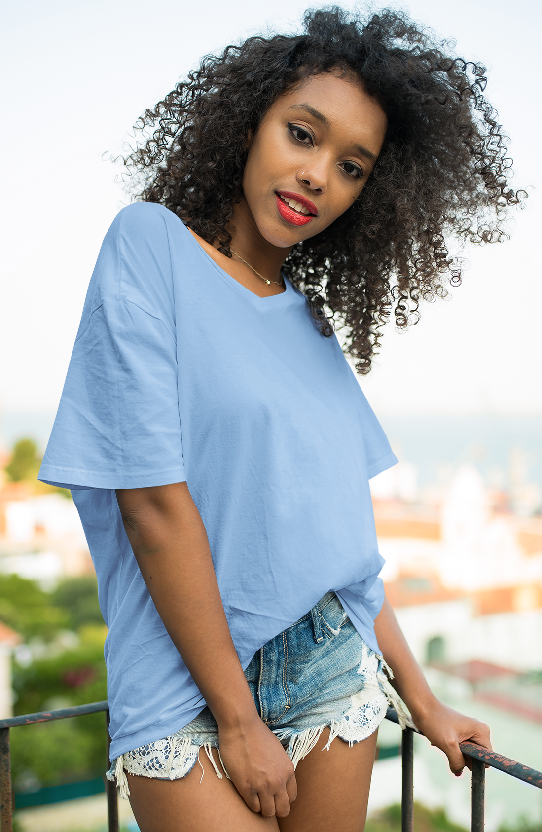 Women's Oversized Bubbles Blue Solid T-Shirt High & Humble